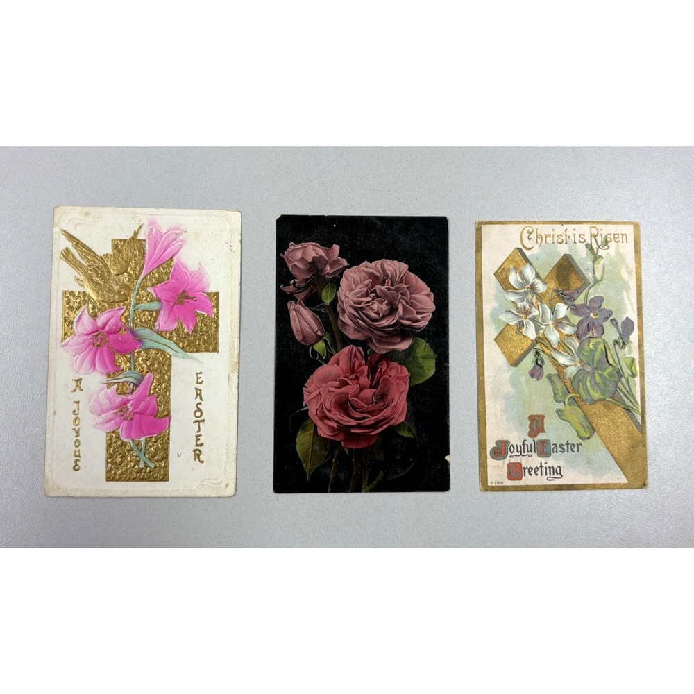 Easter Postcards Antique Flowers Nature Lot of 3 Early 1900s Embossed Gilt